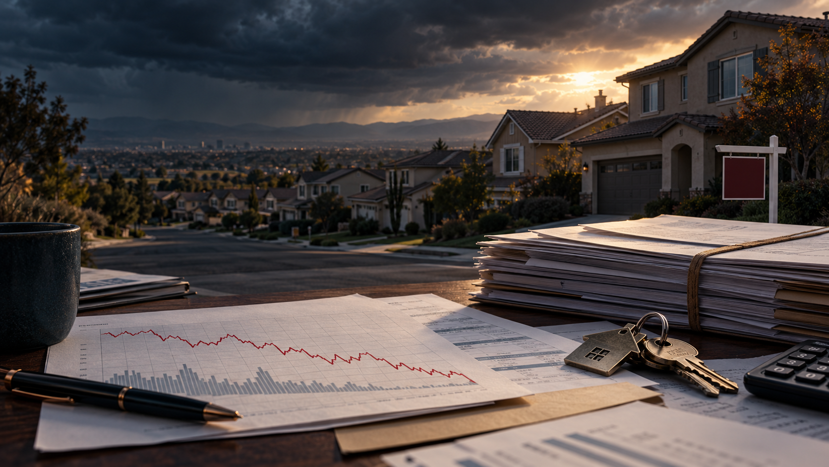 Suburban housing, mortgage documents, keys, and a declining financial chart