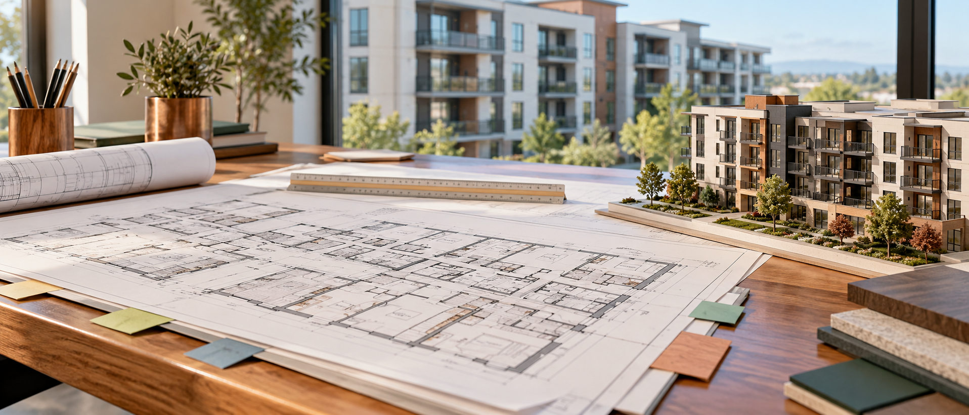 An apartment-building model and property plans illustrate a cost segregation study.