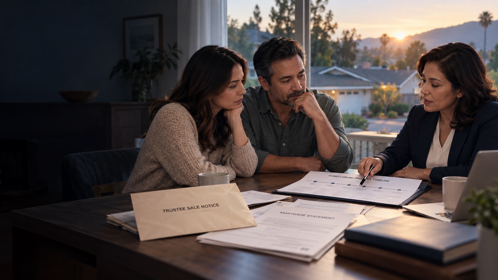 Homeowners reviewing a California foreclosure timeline with a housing counselor