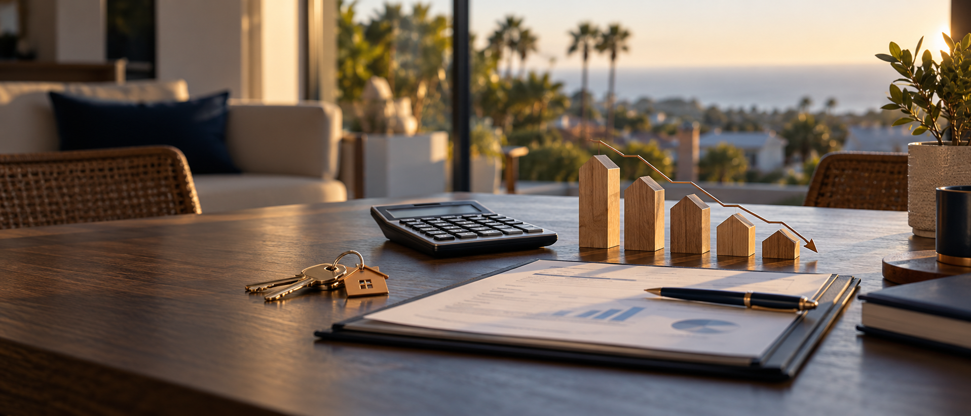 House keys, calculator, and a descending mortgage-rate illustration