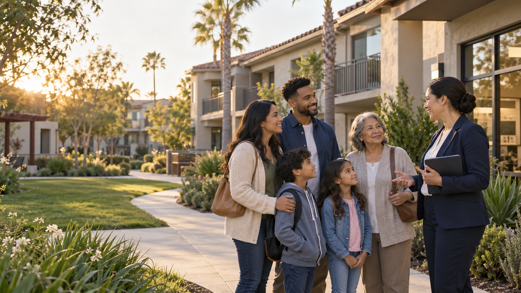 A family speaking with a housing professional at an apartment community