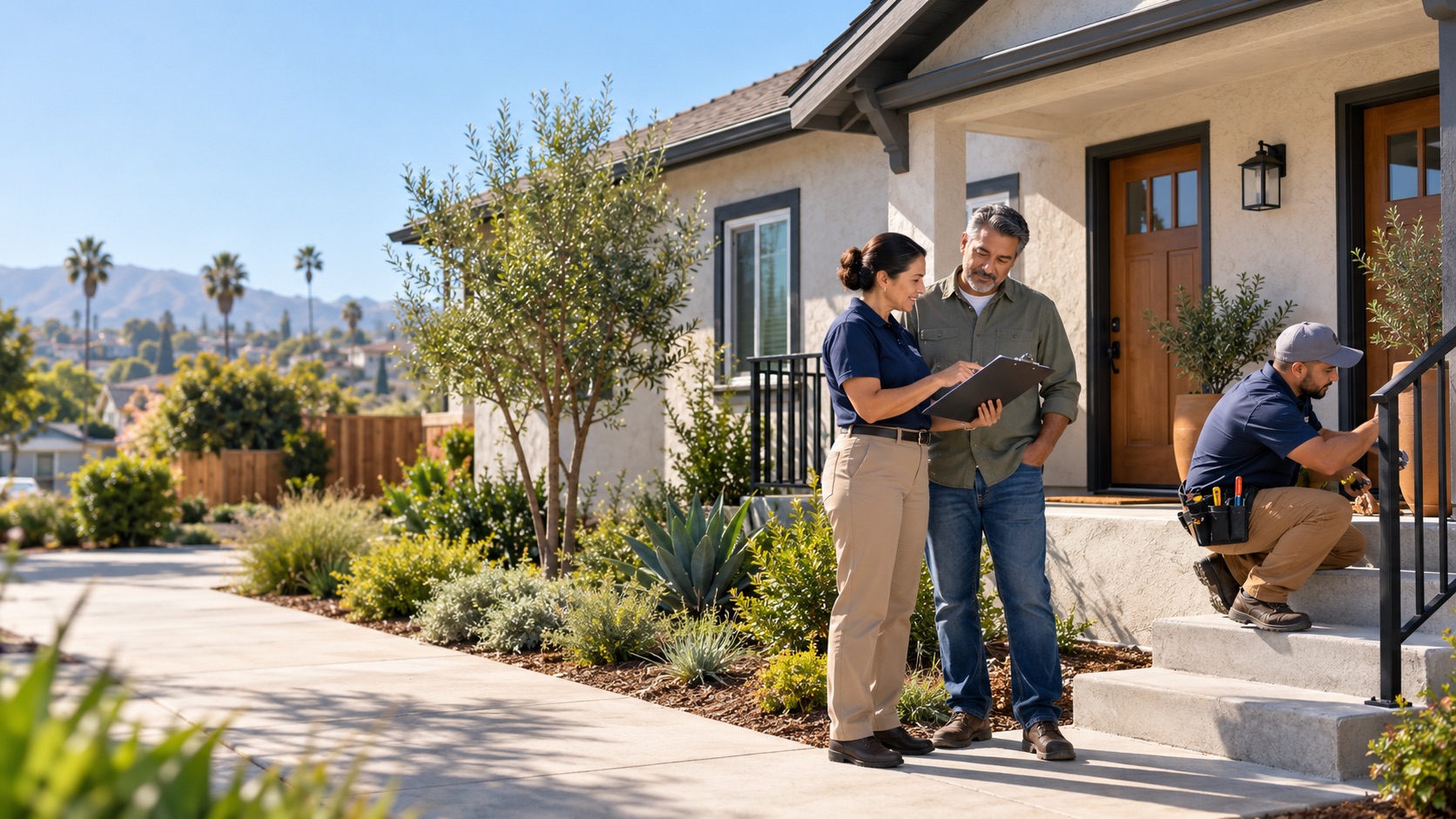 Property owner, inspector, and maintenance professional reviewing a voucher rental