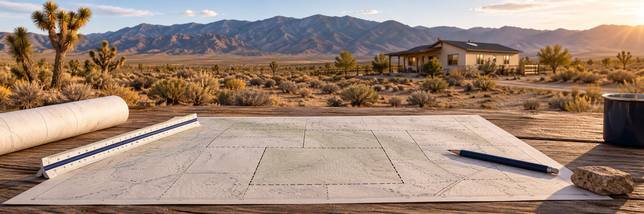 Survey map and parcel boundary lines in front of a High Desert home and mountains